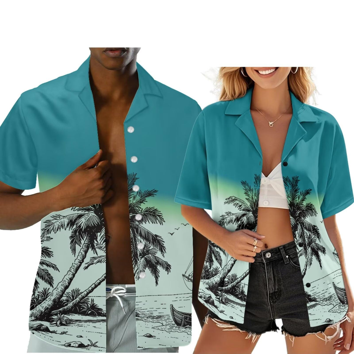 Hawaiian Couples Matching Shirt for Men Women Hawaii Outfit for Husband and Wife Beach Vacation Button Down Shirt