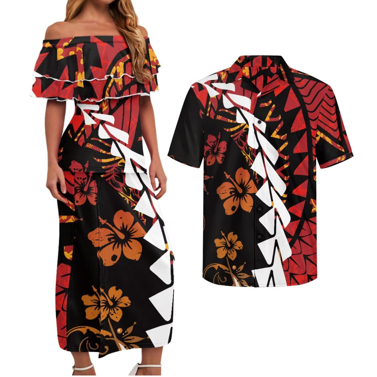 Polynesian Couples Matching Outfits Short Sleeve Puletsai Samoan Traditional Dress & Man Shirts