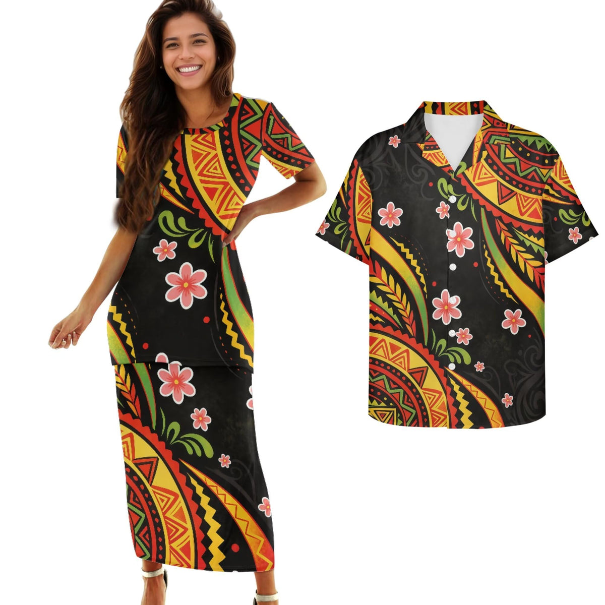Samoa Couple Outfit Polynesian Dress for Women Traditional Puletasi Shirts for Men Beach Lava Lava Luau