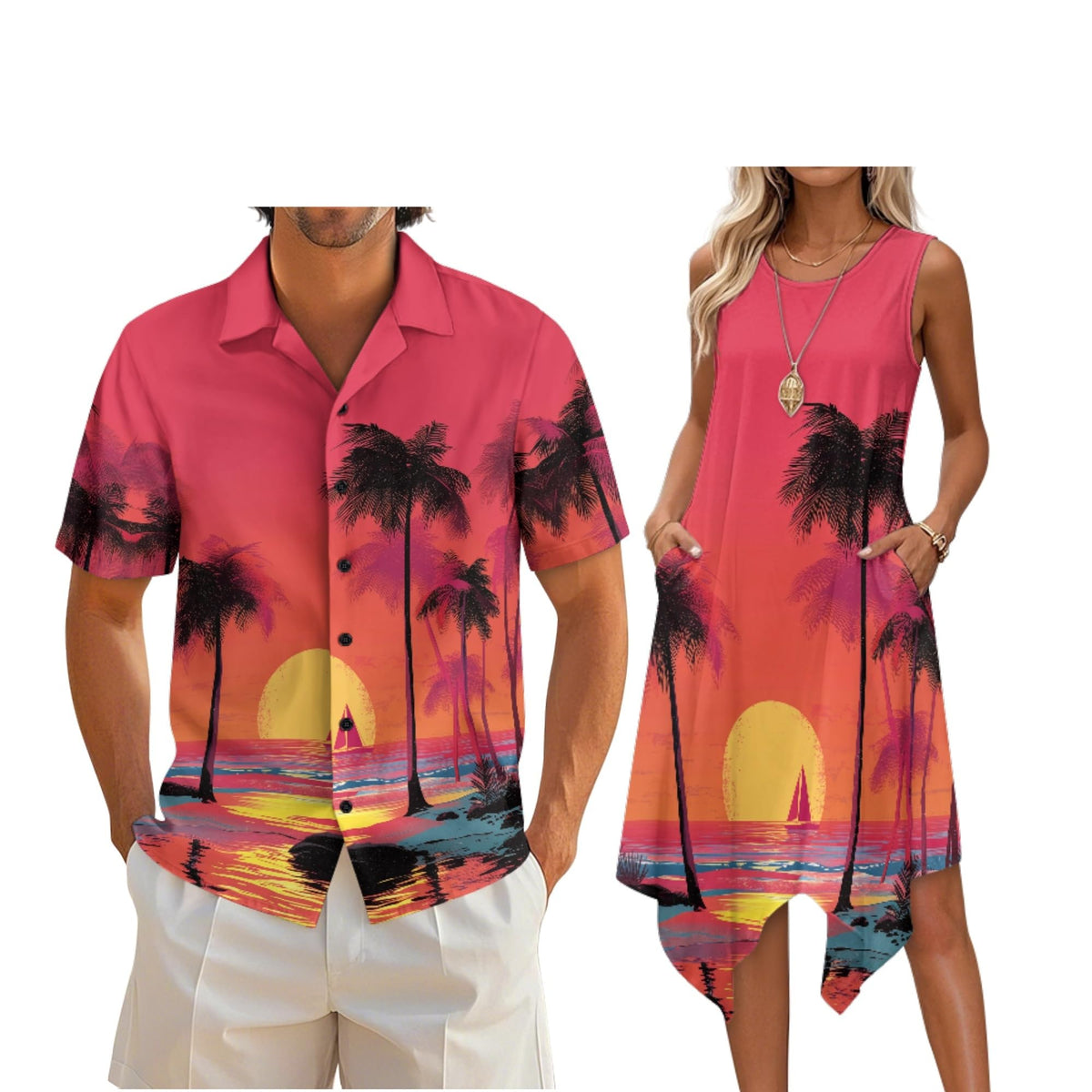 Couple Matching Outfit Hawaiian Men's Button Down Shirt Sleeveless Sundresses Dress Summer Dress for Women 2026