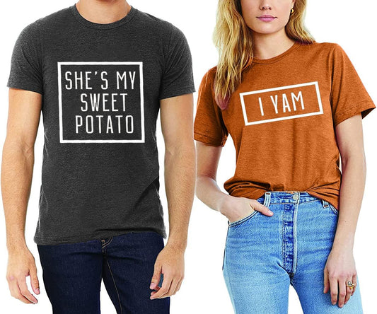 She's My Sweet Potato I Yam Shirt Thanksgiving Matching Couples Shirt for Husband and Wife Casual Short Sleeve Tops