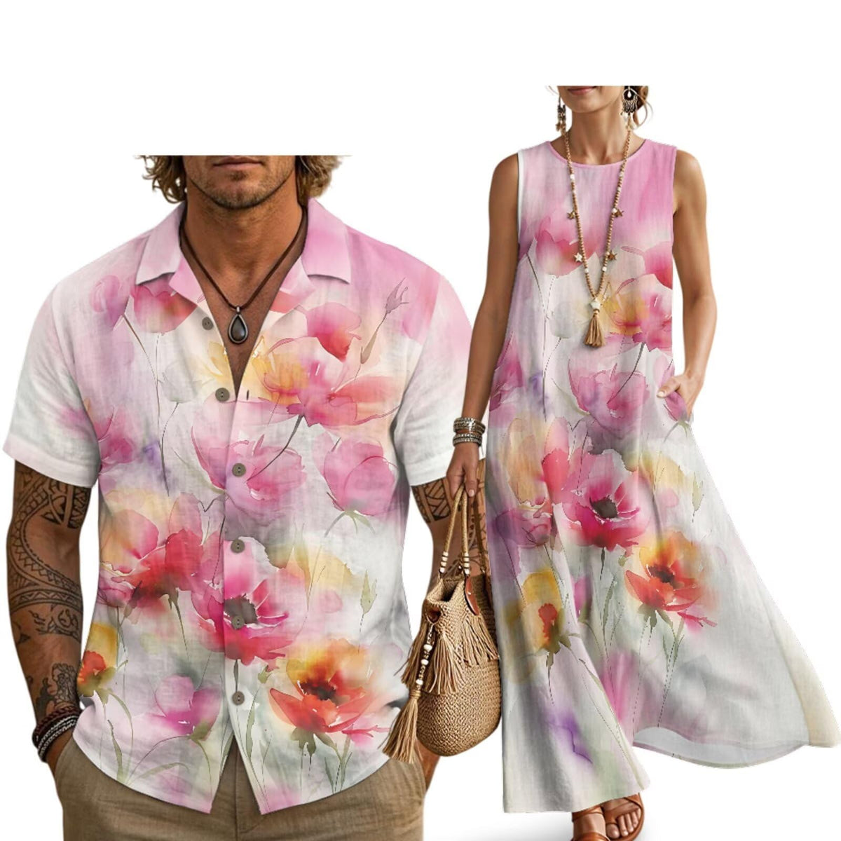 Husband and Wife Clothes Linen Casual Shirt for Men Maxi Dress for Women Summer Dress Matching Vacation Clothes