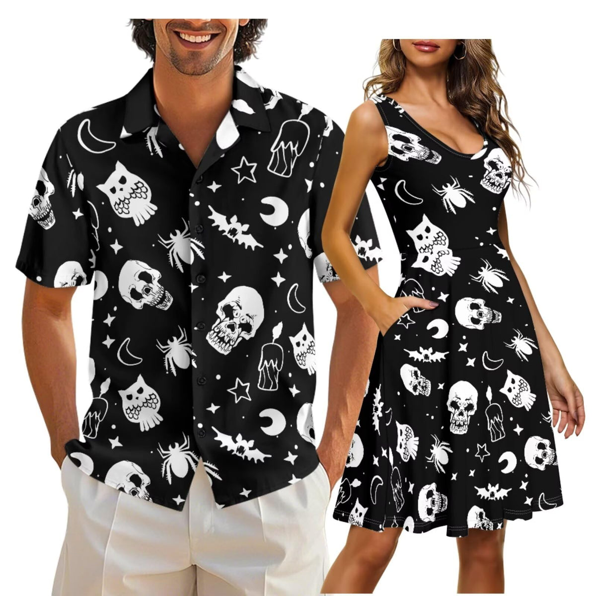 Cozeyat Matching Hawaiian Outfits for Couples Mens Button Up Polos Shirt and Women Sleeveless Sundress with Pockets
