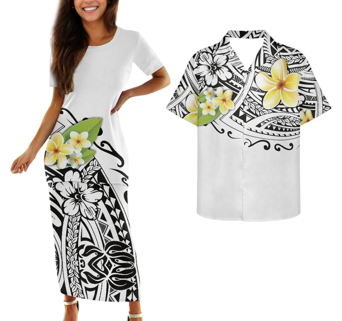 Samoa Couple Outfit Polynesian Dress for Women Traditional Puletasi Shirts for Men Beach Lava Lava Luau