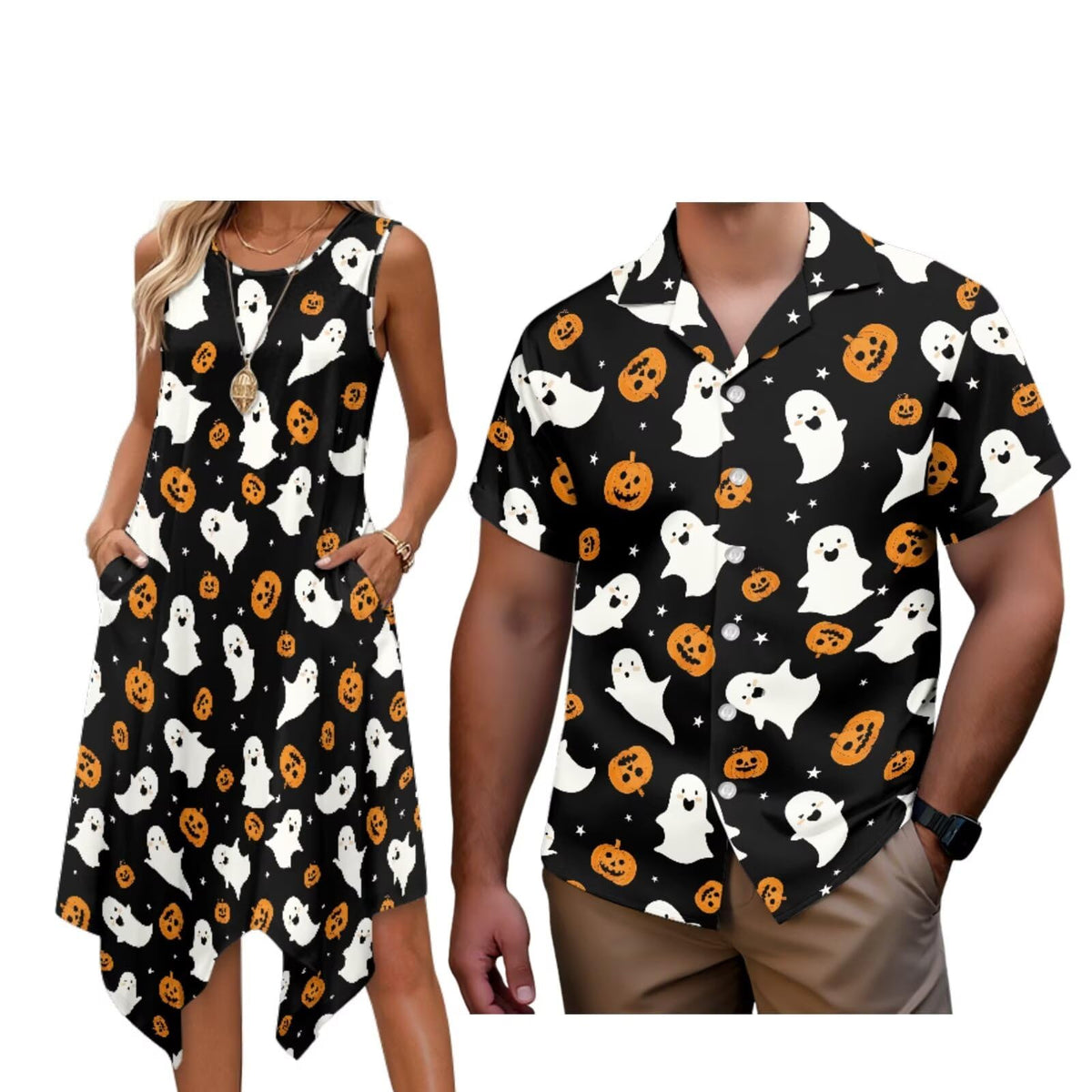 Matching Hawaiian Outfits for Couples Womens Asymmetrical Midi Dress Mens Beach Shirts Short Sleeve Button Up Shirt