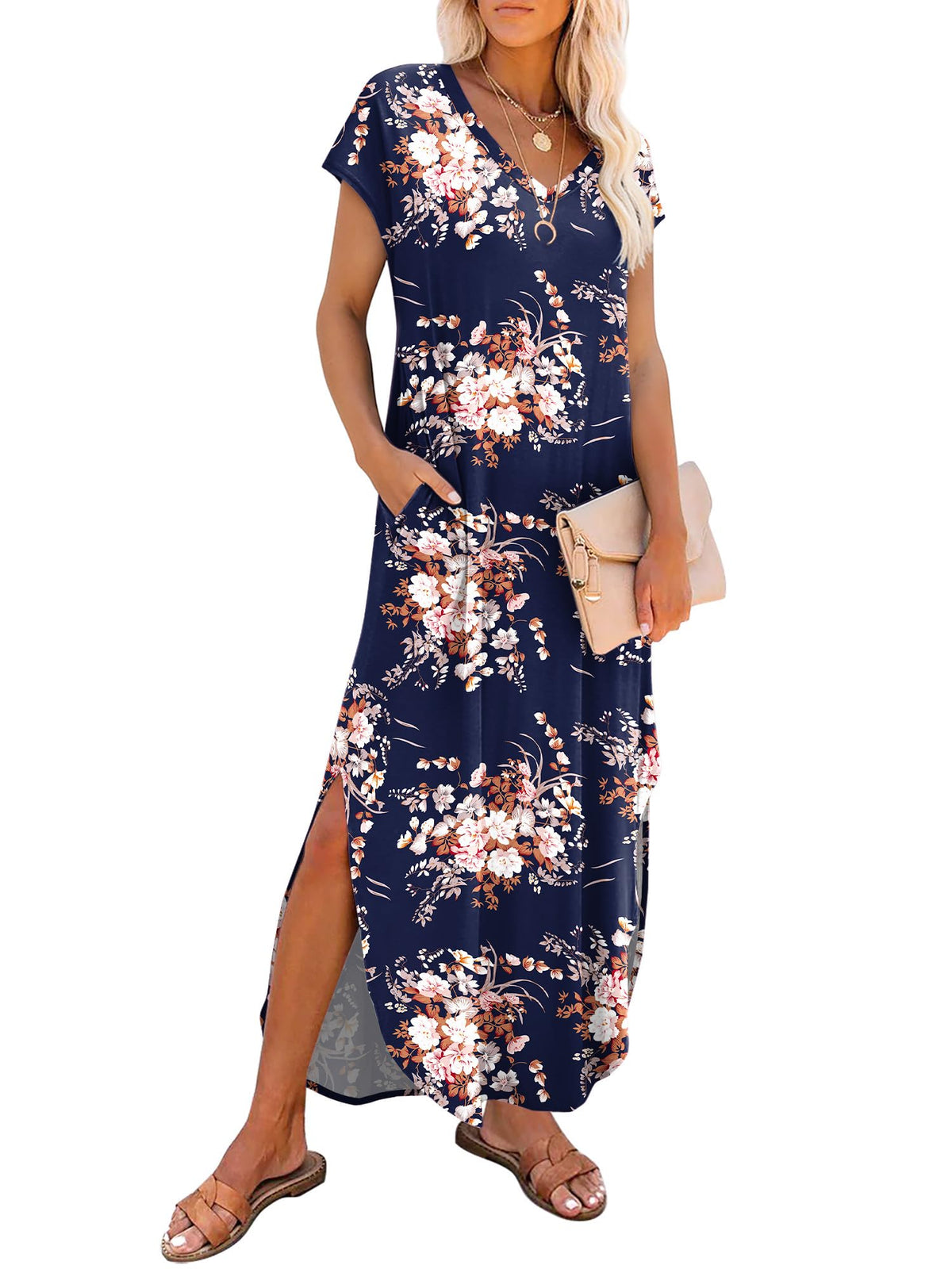 RUMIA Summer Maxi Dresses for Women Cap Sleeve Long Sundress with Pockets