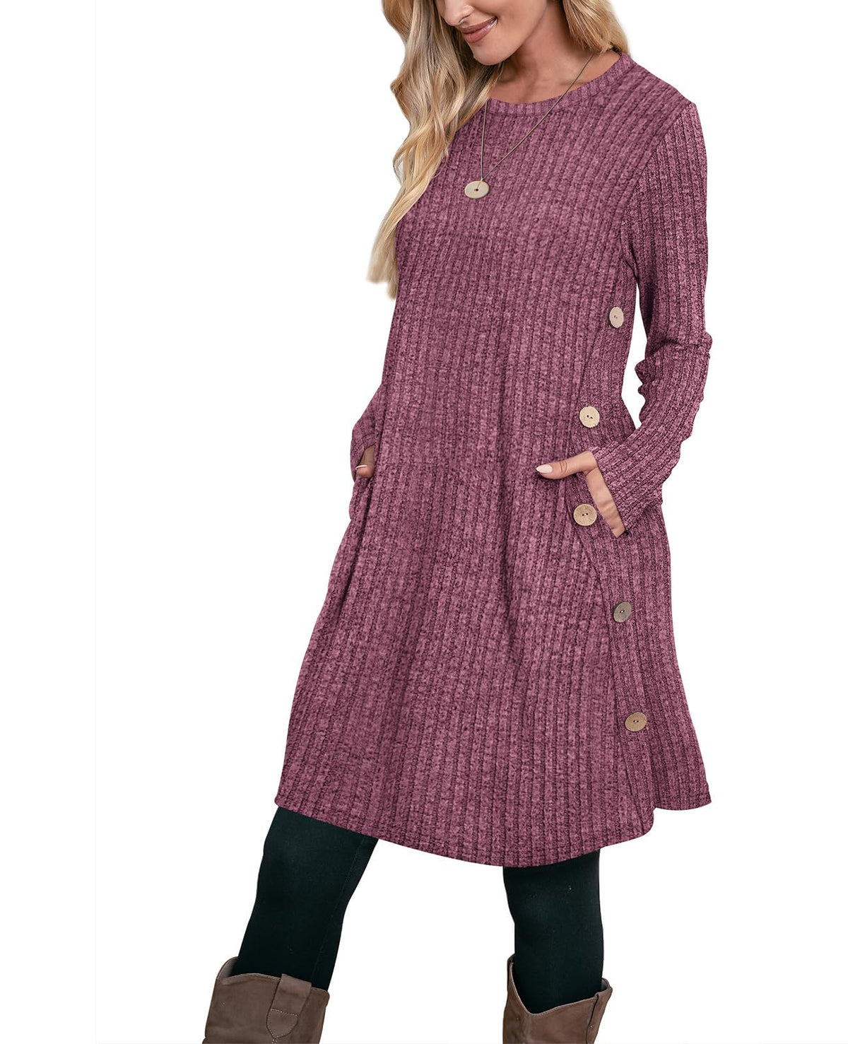 OFEEFAN Fall Dresses for Women 2026 Crew Neck Long Sleeve Dress with Pockets