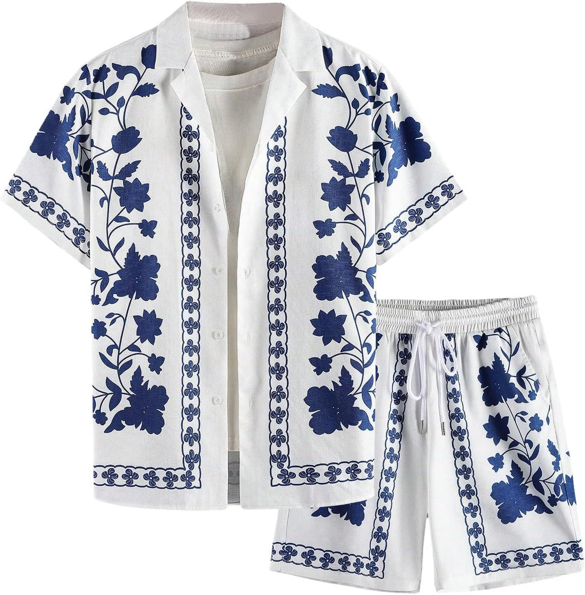 GORGLITTER Men's Beach Cruise Vacation Outfits Floral Shirt and Shorts Sets