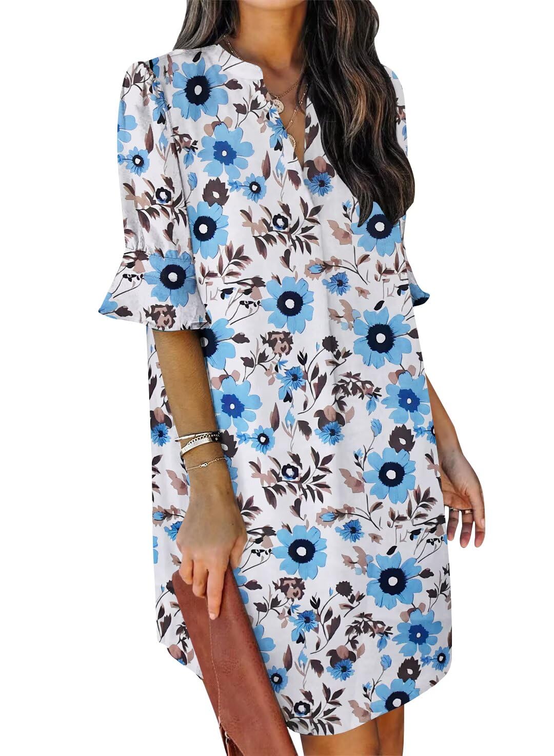 QACOHU Summer Dresses for Women V Neck Ruffle Short Sleeve Shift Dress