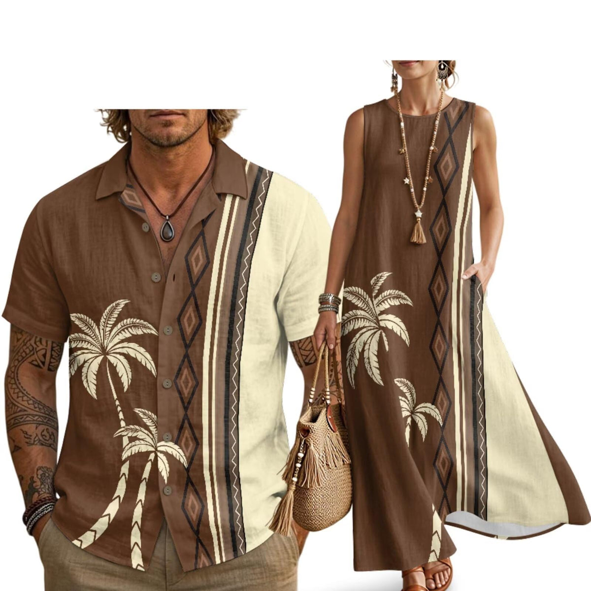 Husband and Wife Clothes Linen Casual Shirt for Men Maxi Dress for Women Summer Dress Matching Vacation Clothes