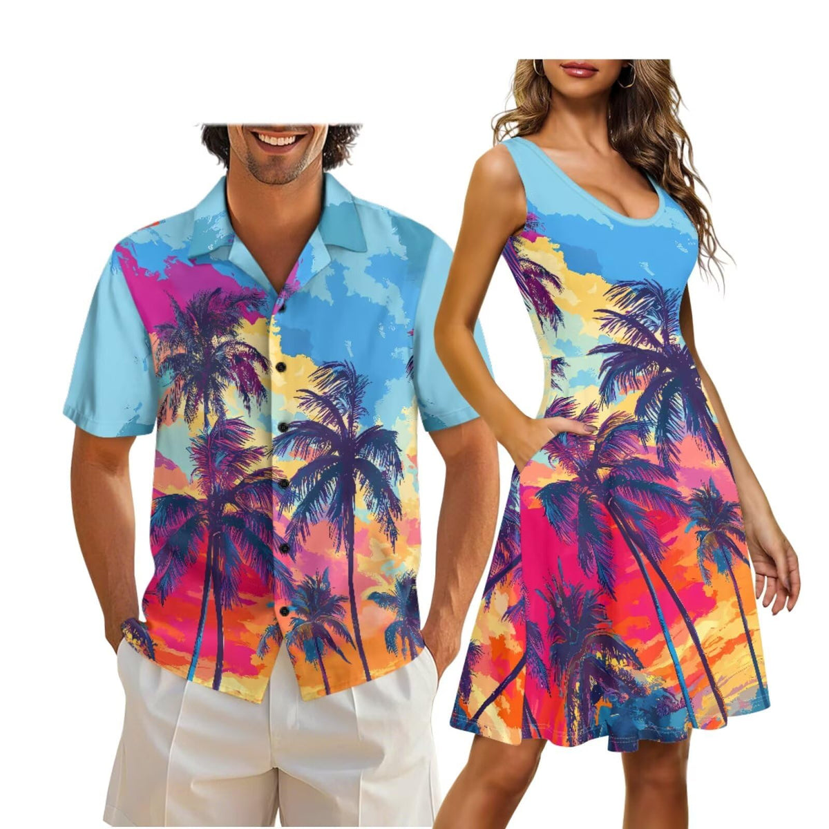 Cozeyat Matching Hawaiian Outfits for Couples Mens Button Up Polos Shirt and Women Sleeveless Sundress with Pockets