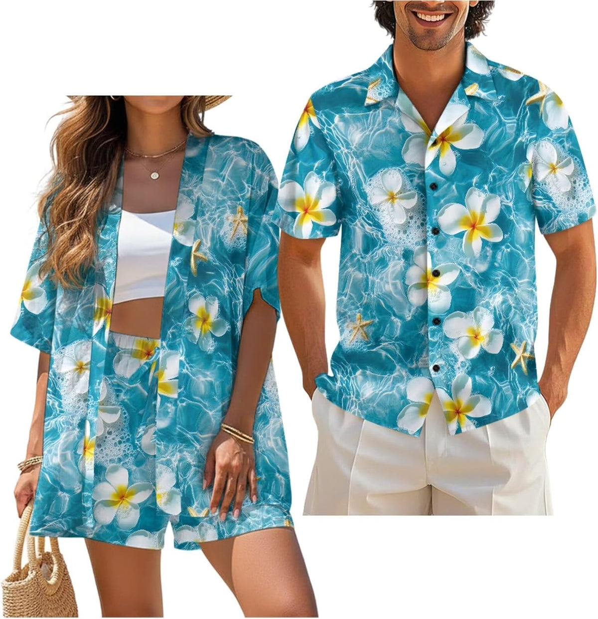 Matching Hawaiian Outfits for Couples Beach Sets Women 2 Piece Outfits Vacation Sets Men Shirt for Luau Party
