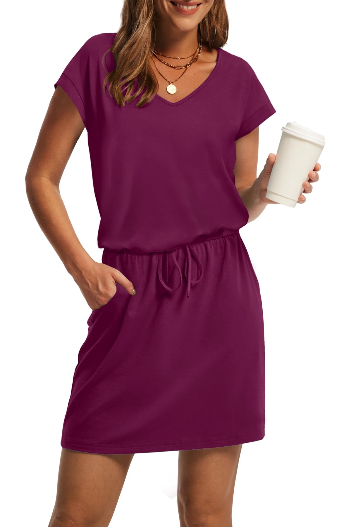 OFEEFAN Summer Dresses for Women 2026 V Neck T Shirt Casual Mini Dresses Tie Waist Sundresses with Pockets