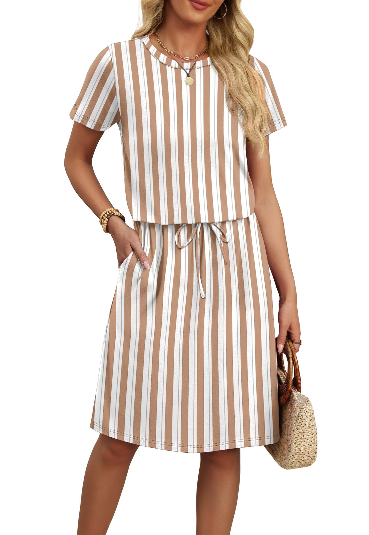 OFEEFAN Womens Summer Dresses Fashion Short Sleeve Crew Neck T Shirt Sundresses Casual Tie Waist with Pockets