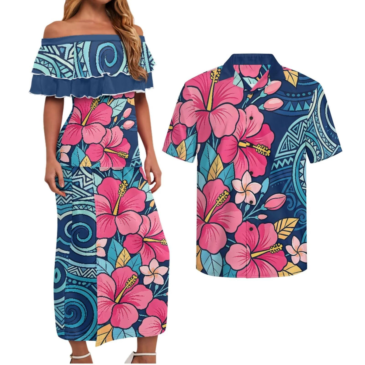 Polynesian Couples Matching Outfits Short Sleeve Puletsai Samoan Traditional Dress & Man Shirts