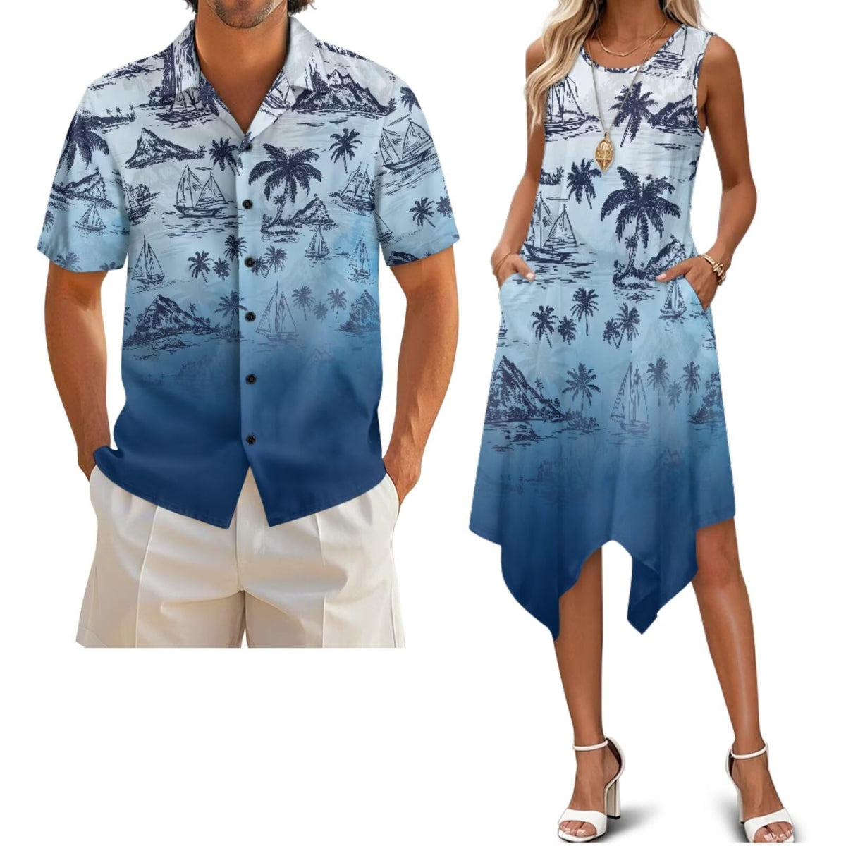 Belidome Couples Matching Outfits Husband and Wife Clothes Sleeveless Dress Button Down Short Sleeve Shirts