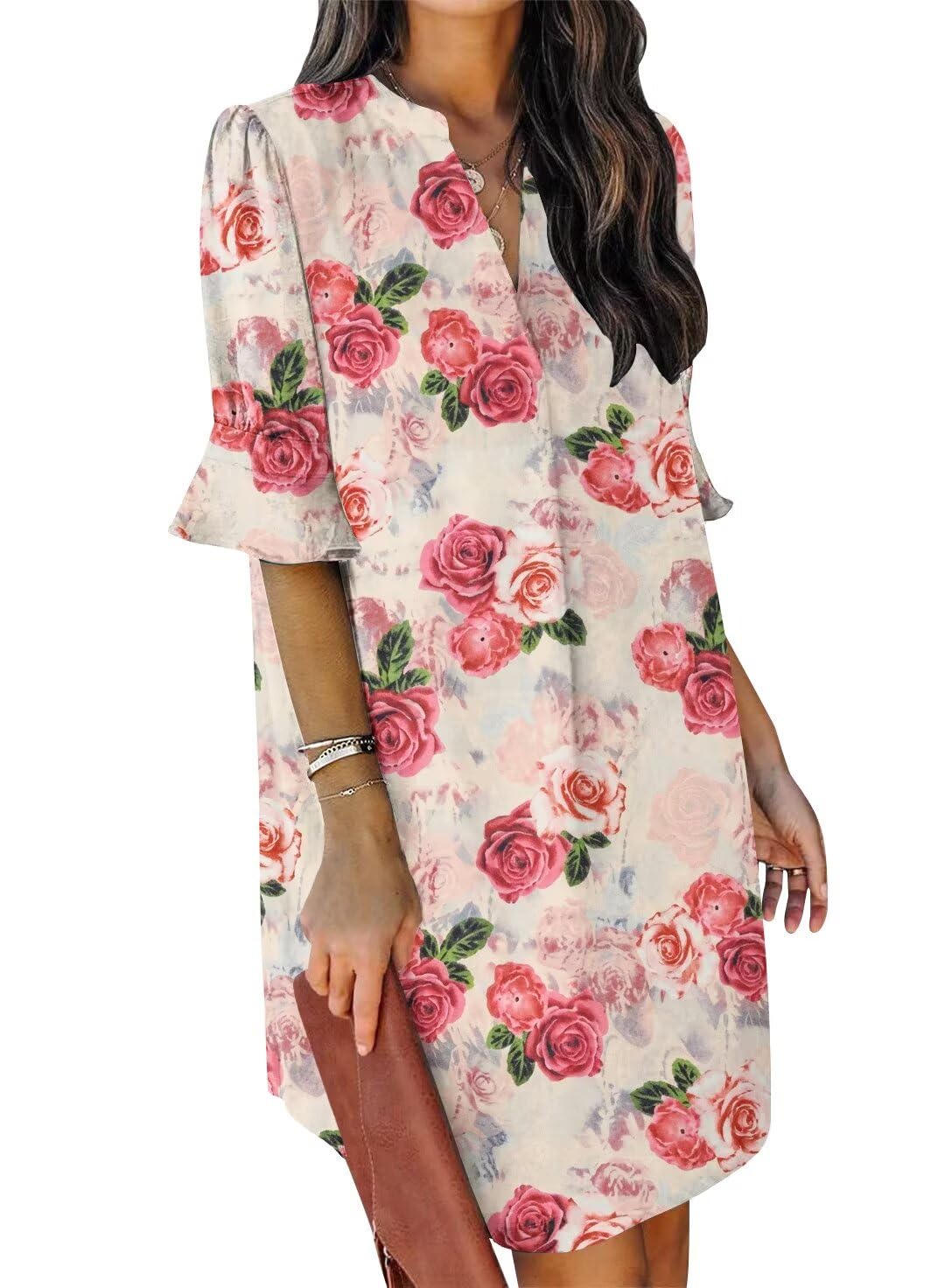 QACOHU Summer Dresses for Women V Neck Ruffle Short Sleeve Shift Dress