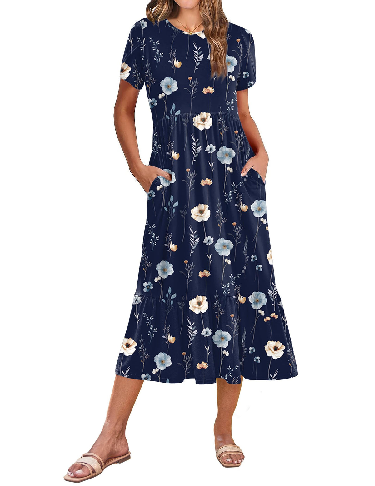 Zeagoo Women Summer Midi A Line Dress Short Sleeve Casual Flowy Tiered Beach Long Sundress with Pockets 2026 Vacation Travel