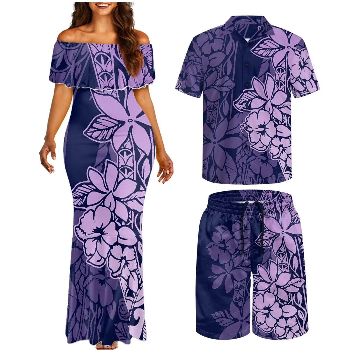 Matchable Couple Hawaiian Polynesian Puletasi Samoa Womens Dress with Mens Shirt and Mens Shorts Couple Set