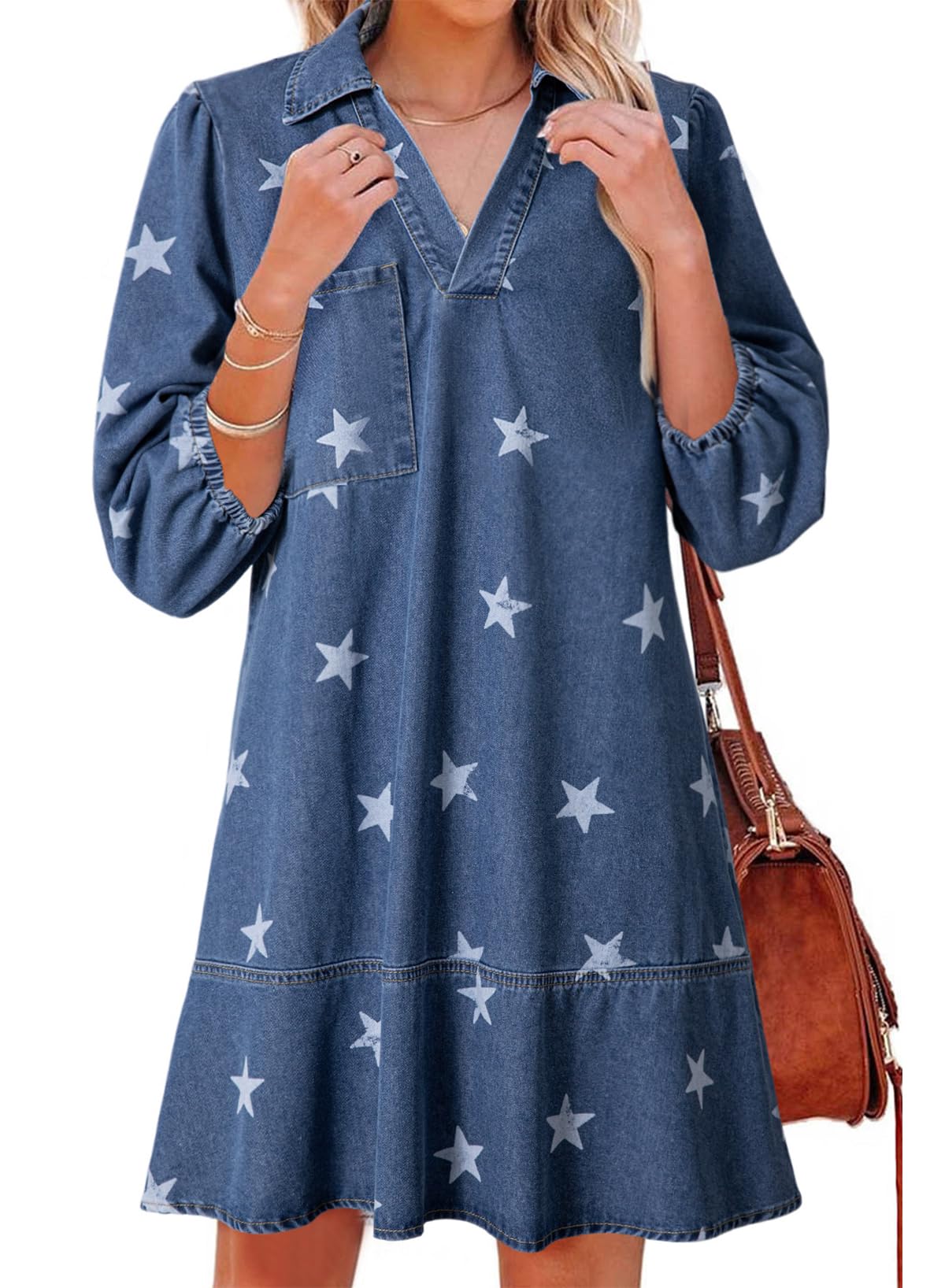 Dokotoo Denim Dress for Women Fall 3/4 Puff Sleeve Babydoll Jean Dress