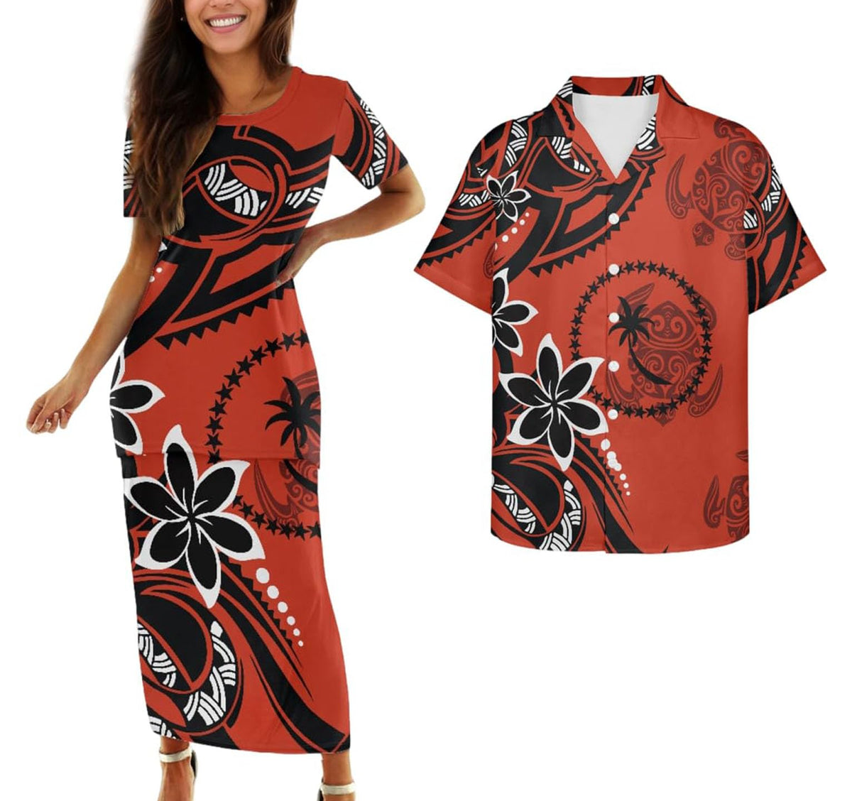 Samoa Couple Outfit Polynesian Dress for Women Traditional Puletasi Shirts for Men Beach Lava Lava Luau