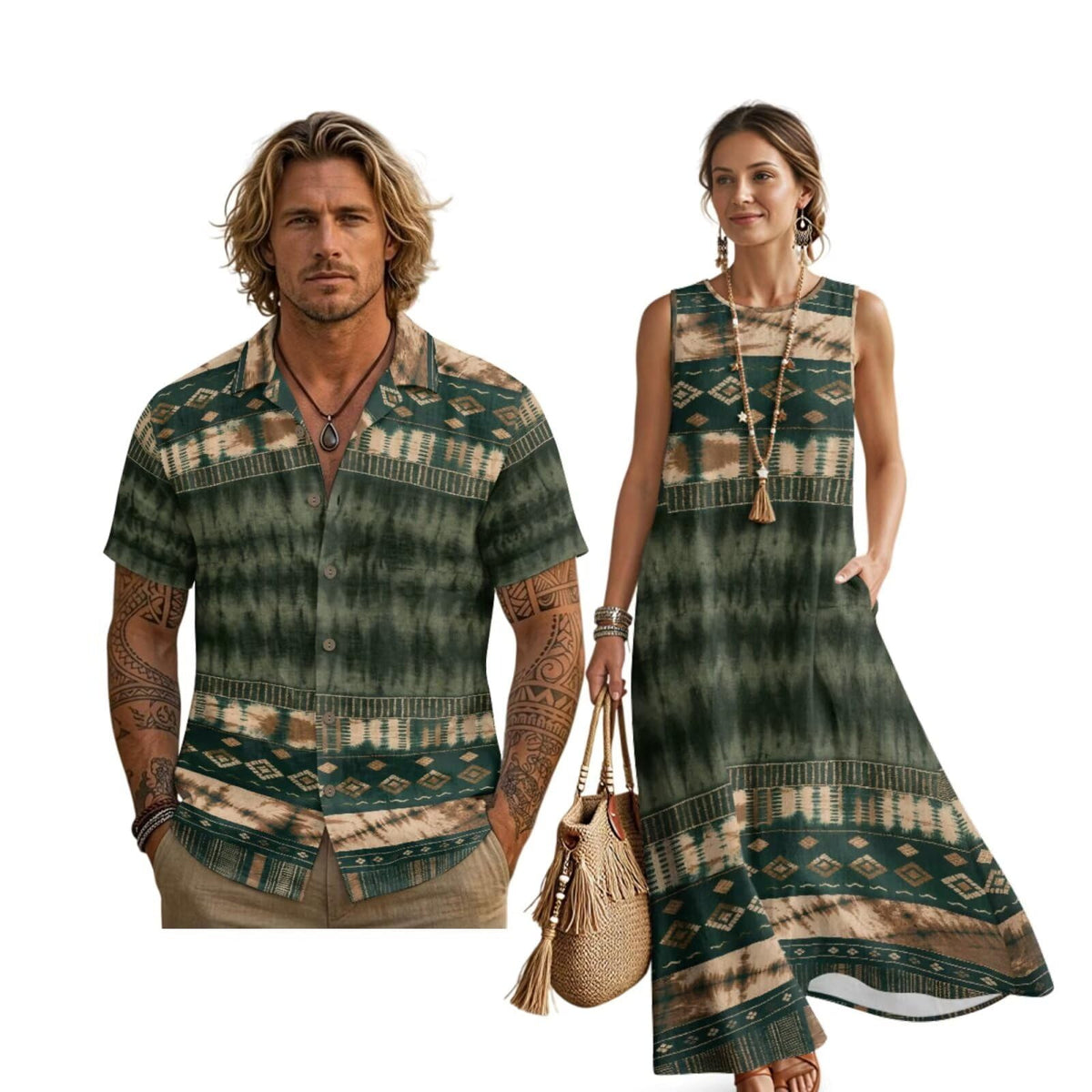 Women's Summer Dresses Sleeveless Sundresses, Men's Button Down Short Sleeve Shirts, Linen Couple Matching Outfits