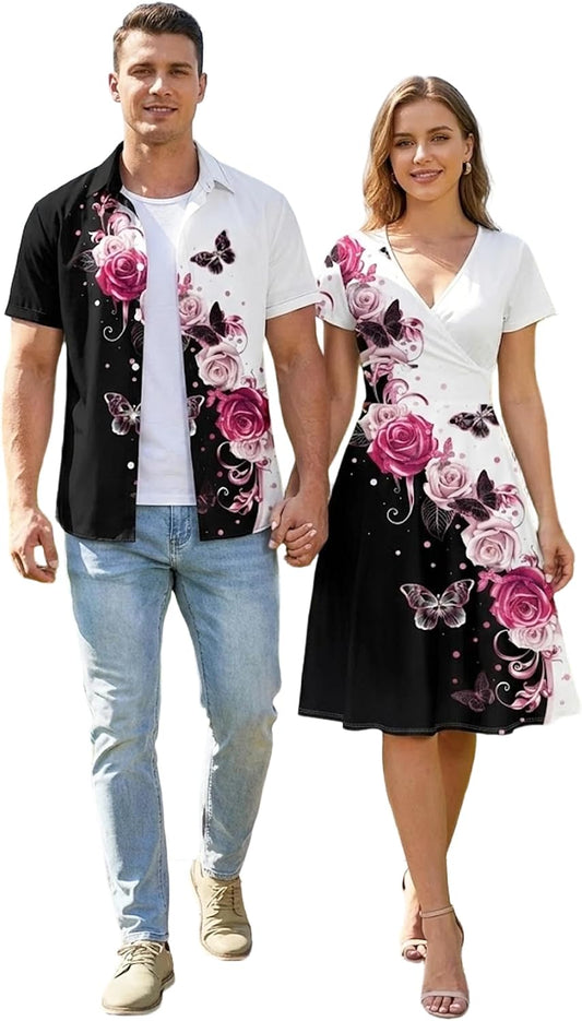 DRESSFO Couple Matching Hawaiian Outfits Butterfly Rose Print A-line Dress or Men's Short Sleeve Button Up Shirt