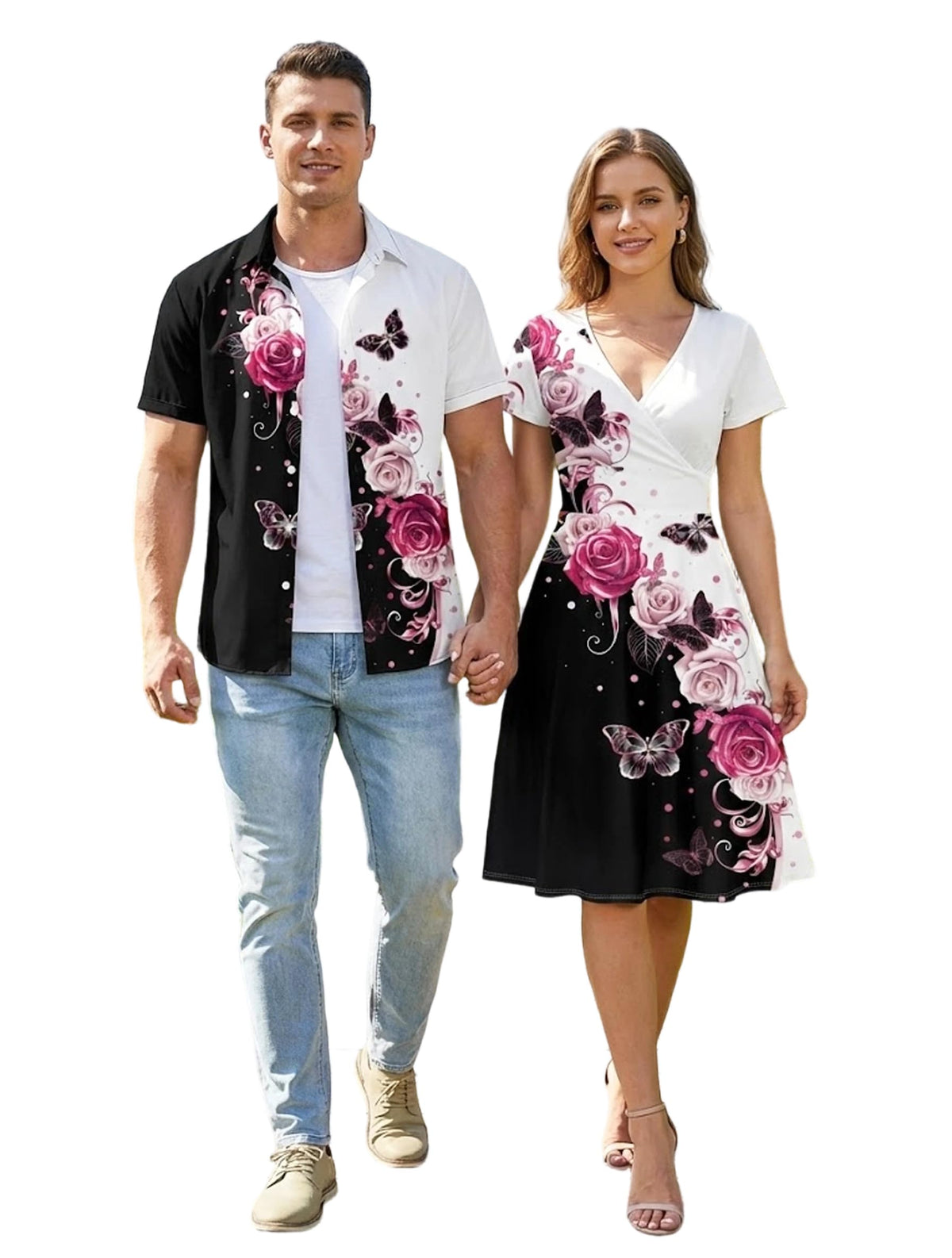 DRESSFO Couple Matching Hawaiian Outfits Butterfly Rose Print A-line Dress or Men's Short Sleeve Button Up Shirt