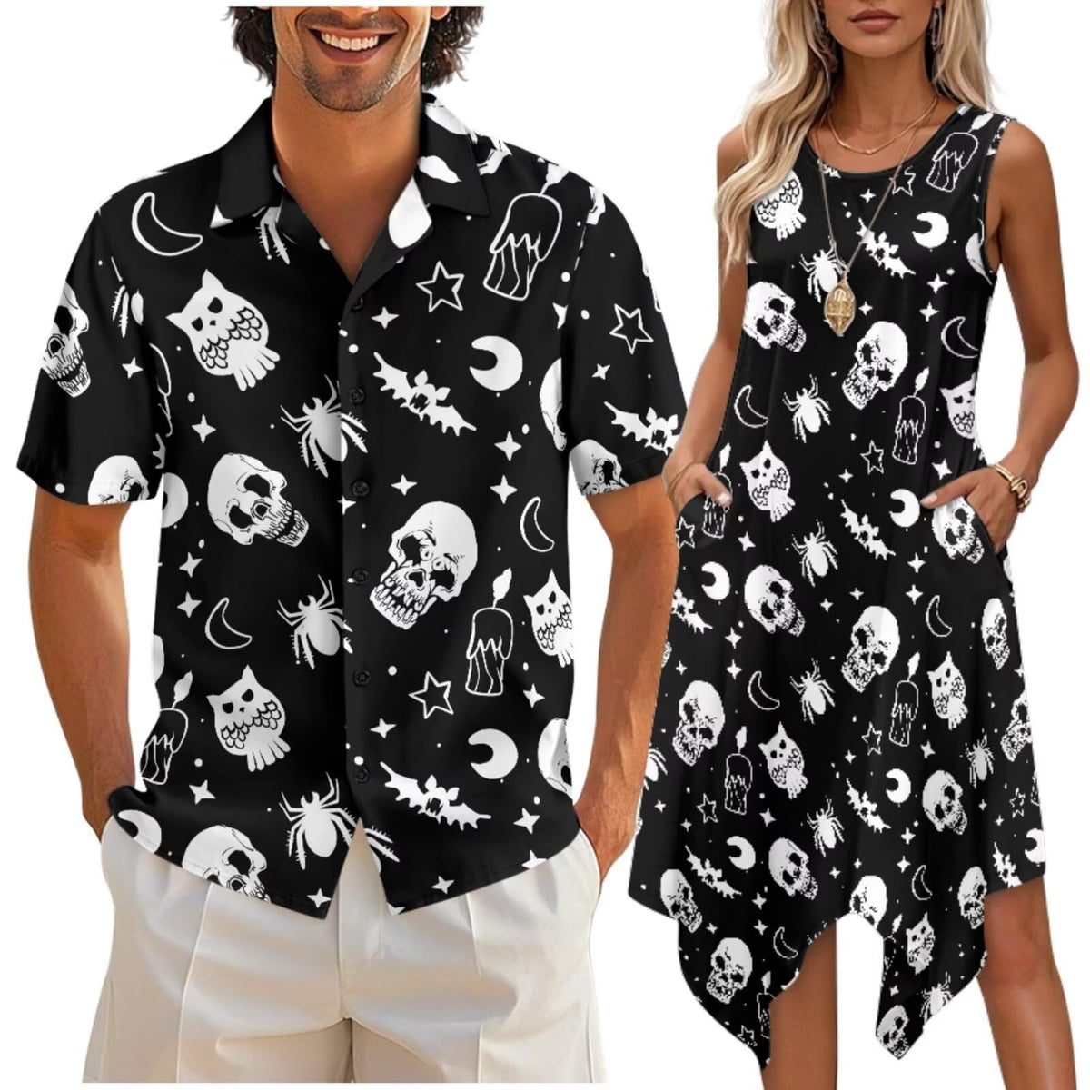 doginthehole Matching Hawaiian Outfits for Couples Men's Button Down Shirt Sleeveless Sundresses Summer Dress for Women