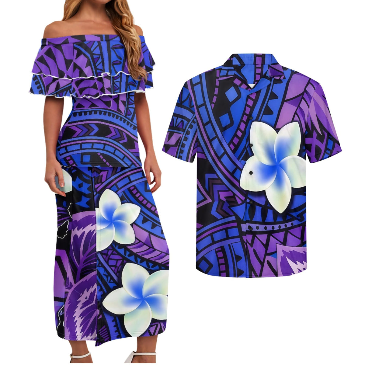 Polynesian Couples Matching Outfits Short Sleeve Puletsai Samoan Traditional Dress & Man Shirts