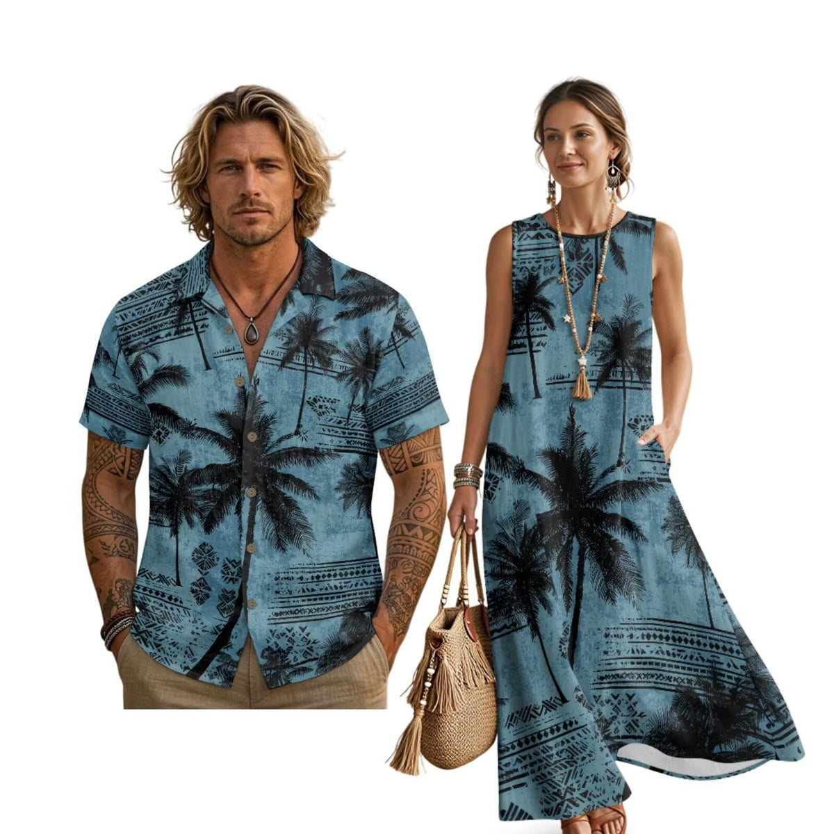 Women's Summer Dresses Sleeveless Sundresses, Men's Button Down Short Sleeve Shirts, Linen Couple Matching Outfits