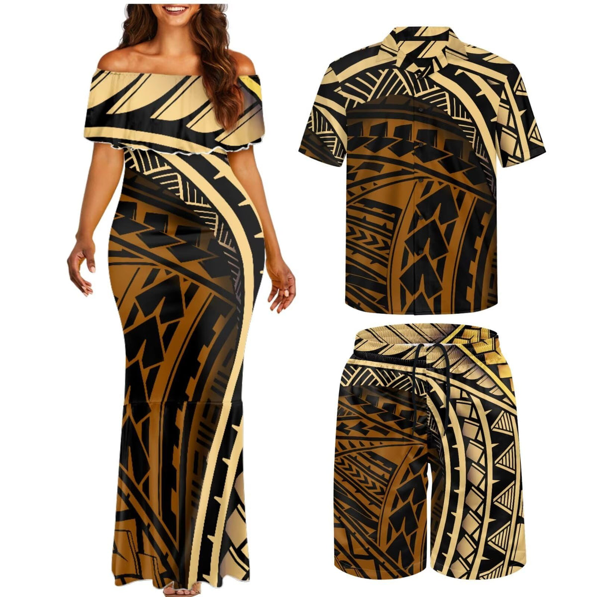 Matchable Couple Hawaiian Polynesian Puletasi Samoa Womens Dress with Mens Shirt and Mens Shorts Couple Set