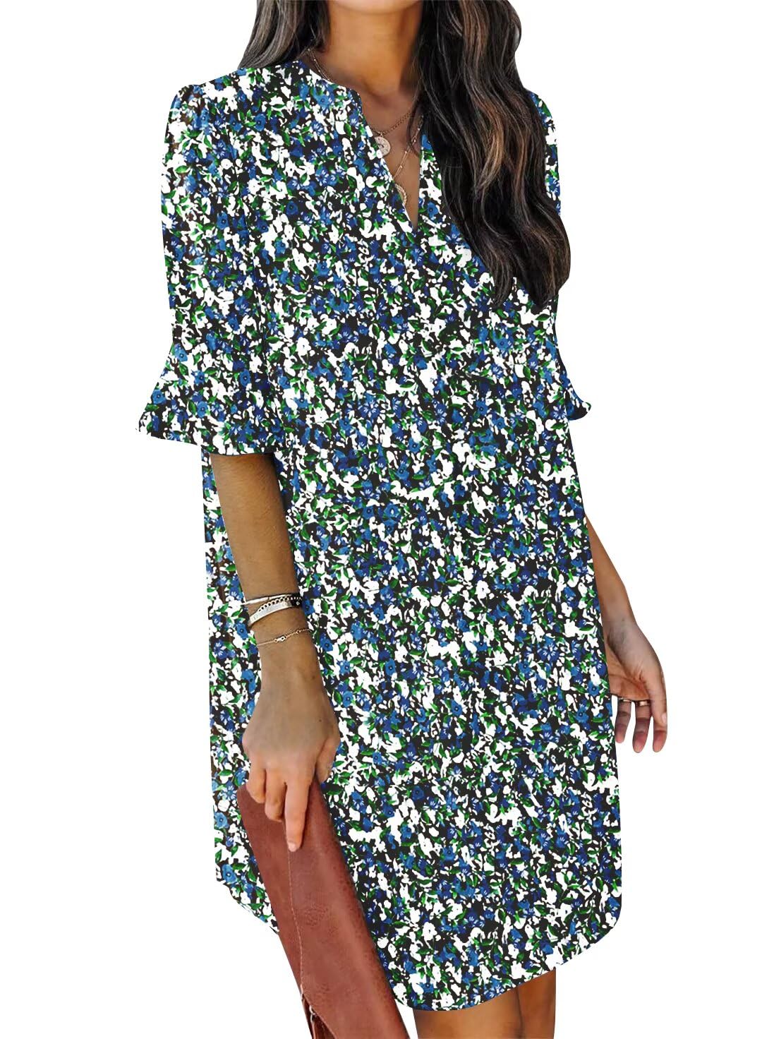 QACOHU Summer Dresses for Women V Neck Ruffle Short Sleeve Shift Dress