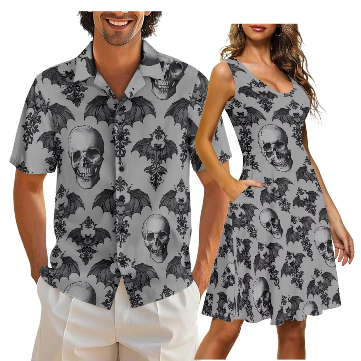 Cozeyat Matching Hawaiian Outfits for Couples Mens Button Up Polos Shirt and Women Sleeveless Sundress with Pockets