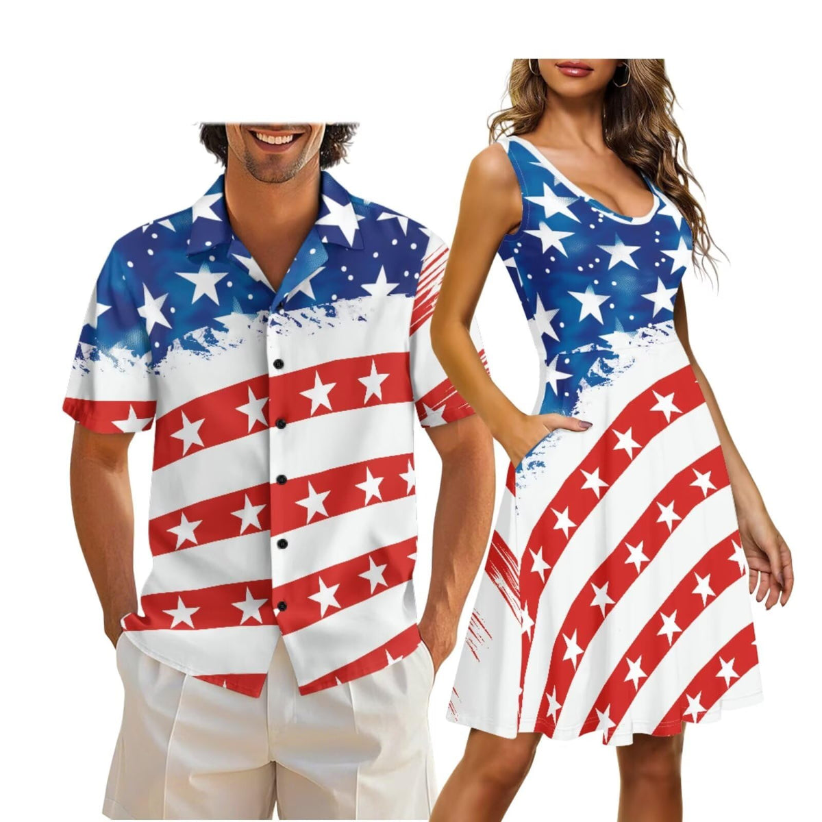 Cozeyat Independence Day Matching Outfits for Couples Mens Short Sleeve Button Down Shirts Womens Sleeveless Dress