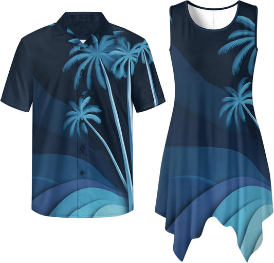 TOADDITDO Couple Shirts and Dress Matching Outfit Womens Sleeveless Flared Mini Sundress or Mens Buttons Hawaiian Aloha Shirt
