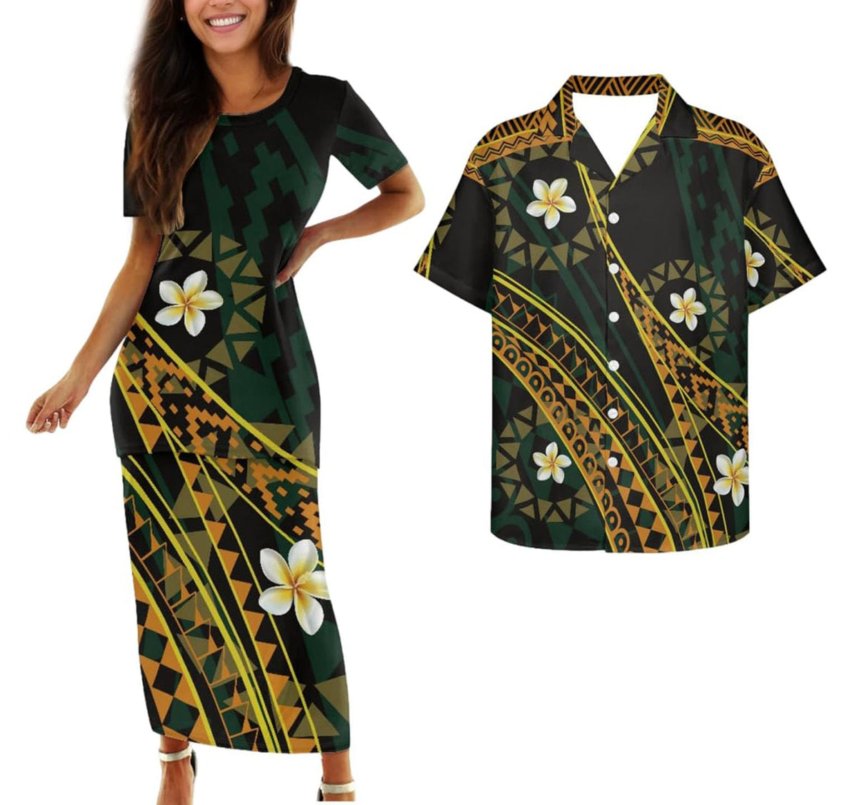 Samoa Couple Outfit Polynesian Dress for Women Traditional Puletasi Shirts for Men Beach Lava Lava Luau
