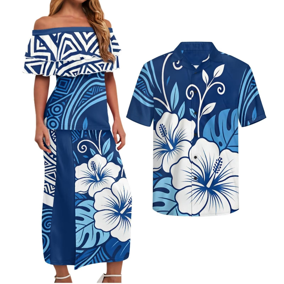 Polynesian Couples Matching Outfits Short Sleeve Puletsai Samoan Traditional Dress & Man Shirts