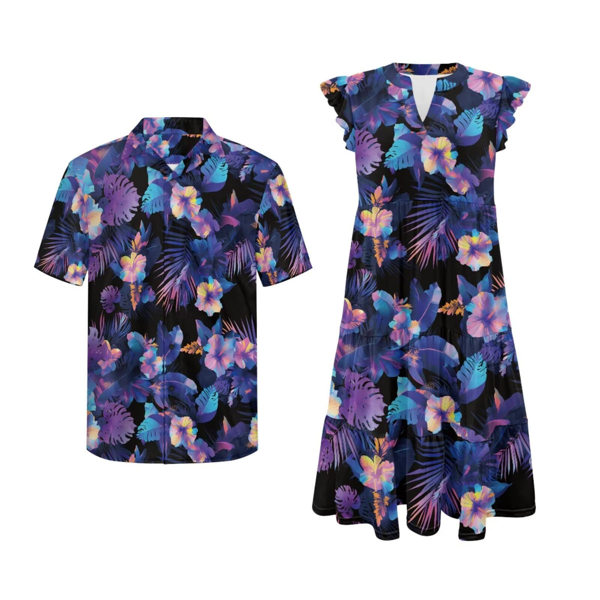 His and Hers Matching Hawaiian Outfits Mens Button Down Shirt Flowy Tiered Midi Dress