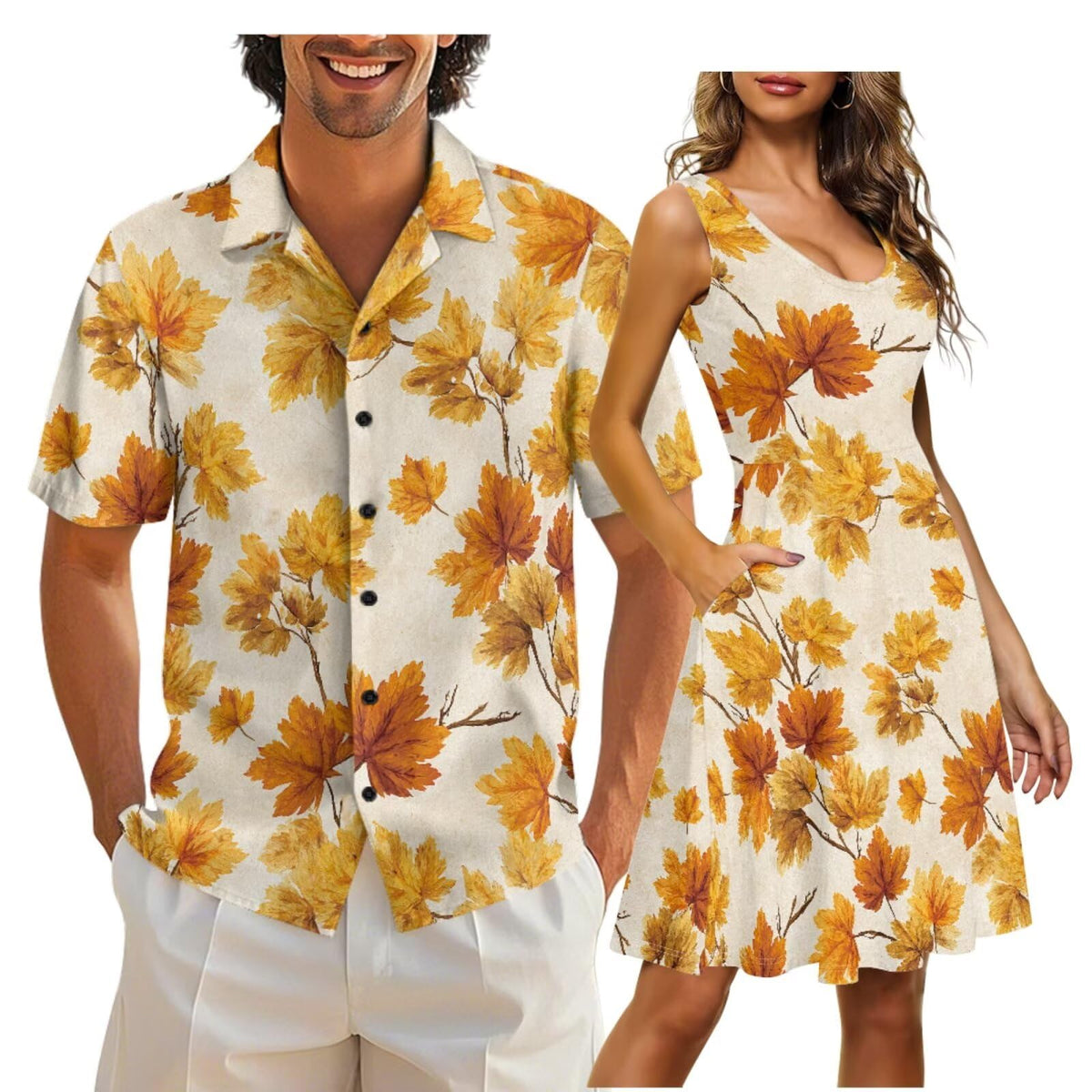 Cozeyat Matching Hawaiian Outfits for Couples Mens Button Up Polos Shirt and Women Sleeveless Sundress with Pockets