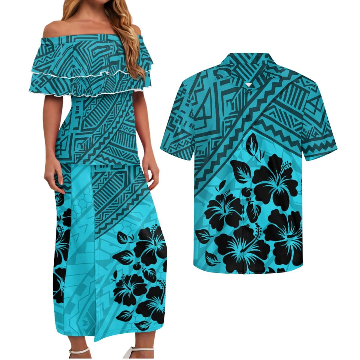 Polynesian Couples Matching Outfits Short Sleeve Puletsai Samoan Traditional Dress & Man Shirts
