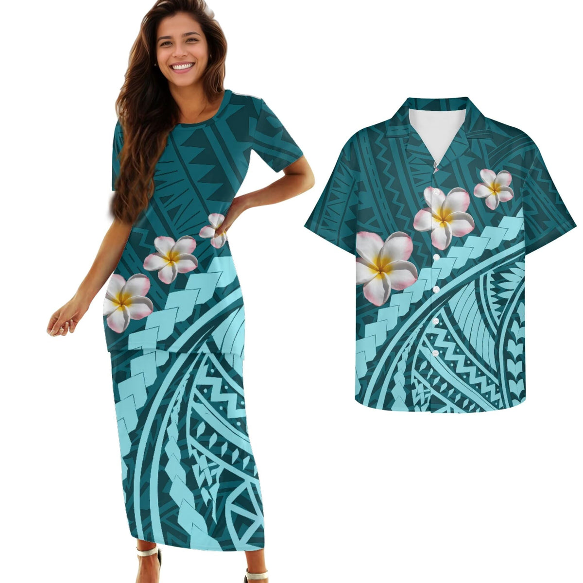 Samoa Couple Outfit Polynesian Dress for Women Traditional Puletasi Shirts for Men Beach Lava Lava Luau
