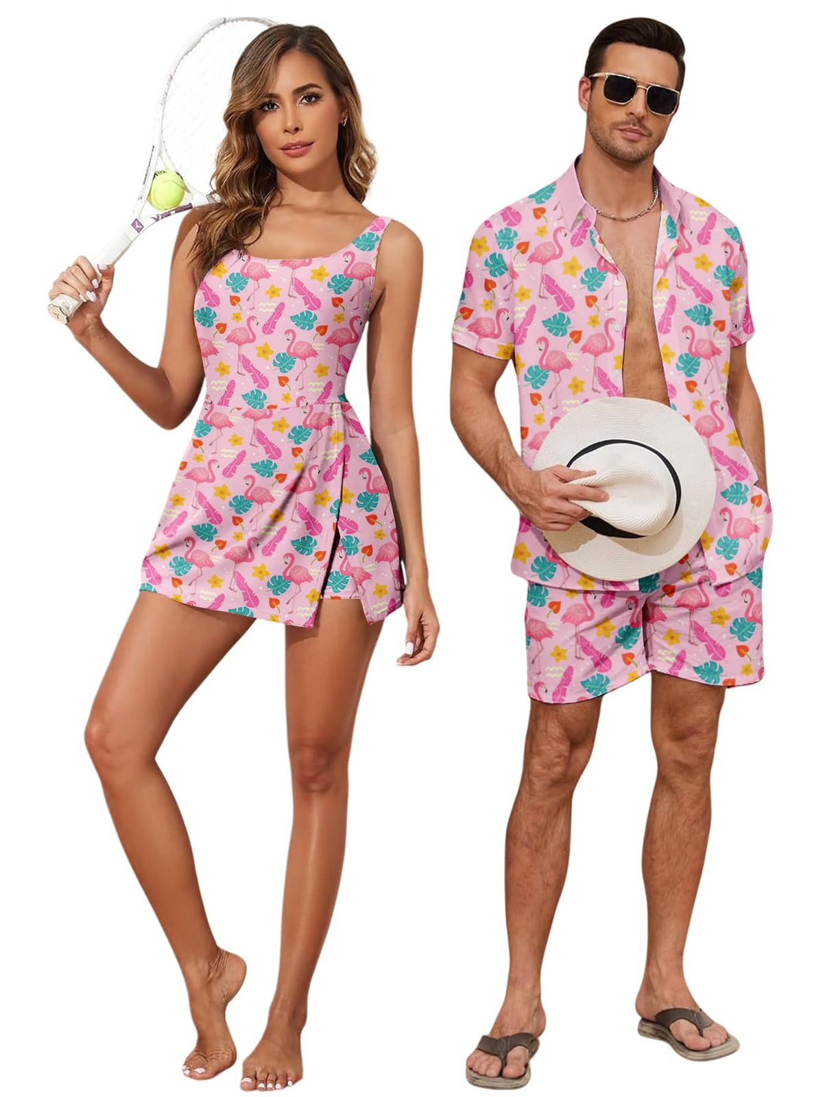 Matching Hawaiian Outfits Beach Vacation for Couples Tropical Print Women One Piece Swimwear or Men Shirt Suit