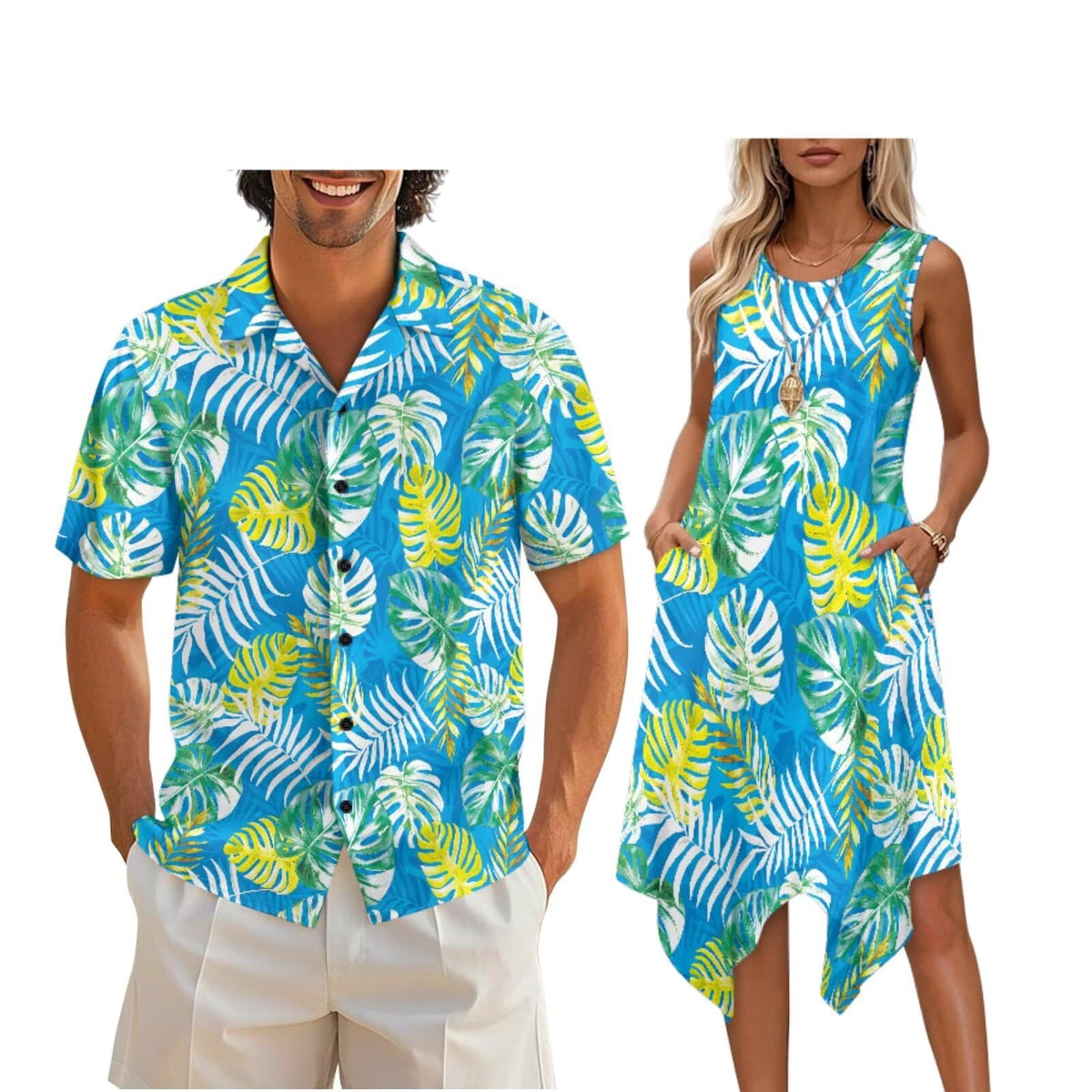 doginthehole Matching Hawaiian Outfits for Couples Men's Button Down Shirt Sleeveless Sundresses Summer Dress for Women