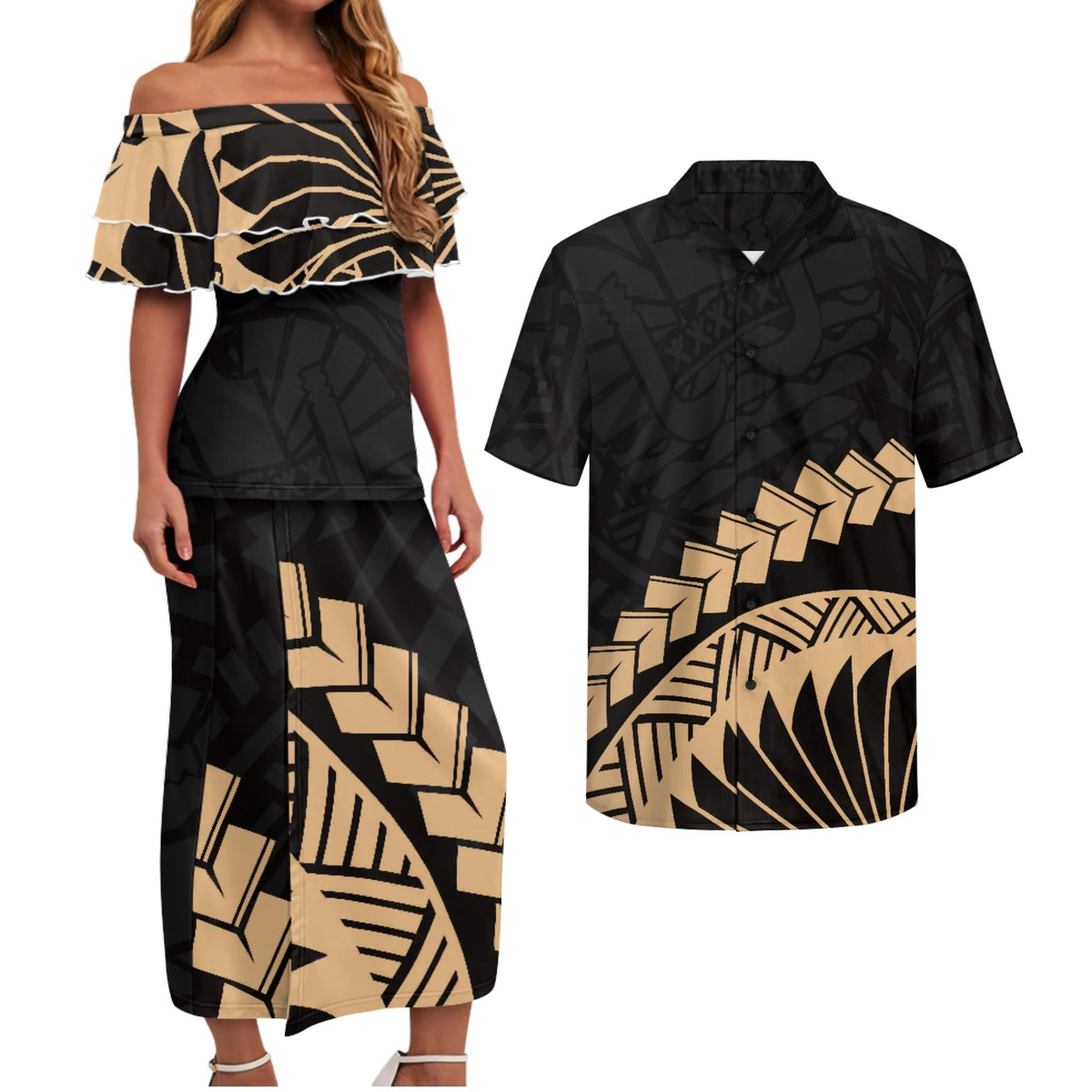 Polynesian Couples Matching Outfits Short Sleeve Puletsai Samoan Traditional Dress & Man Shirts