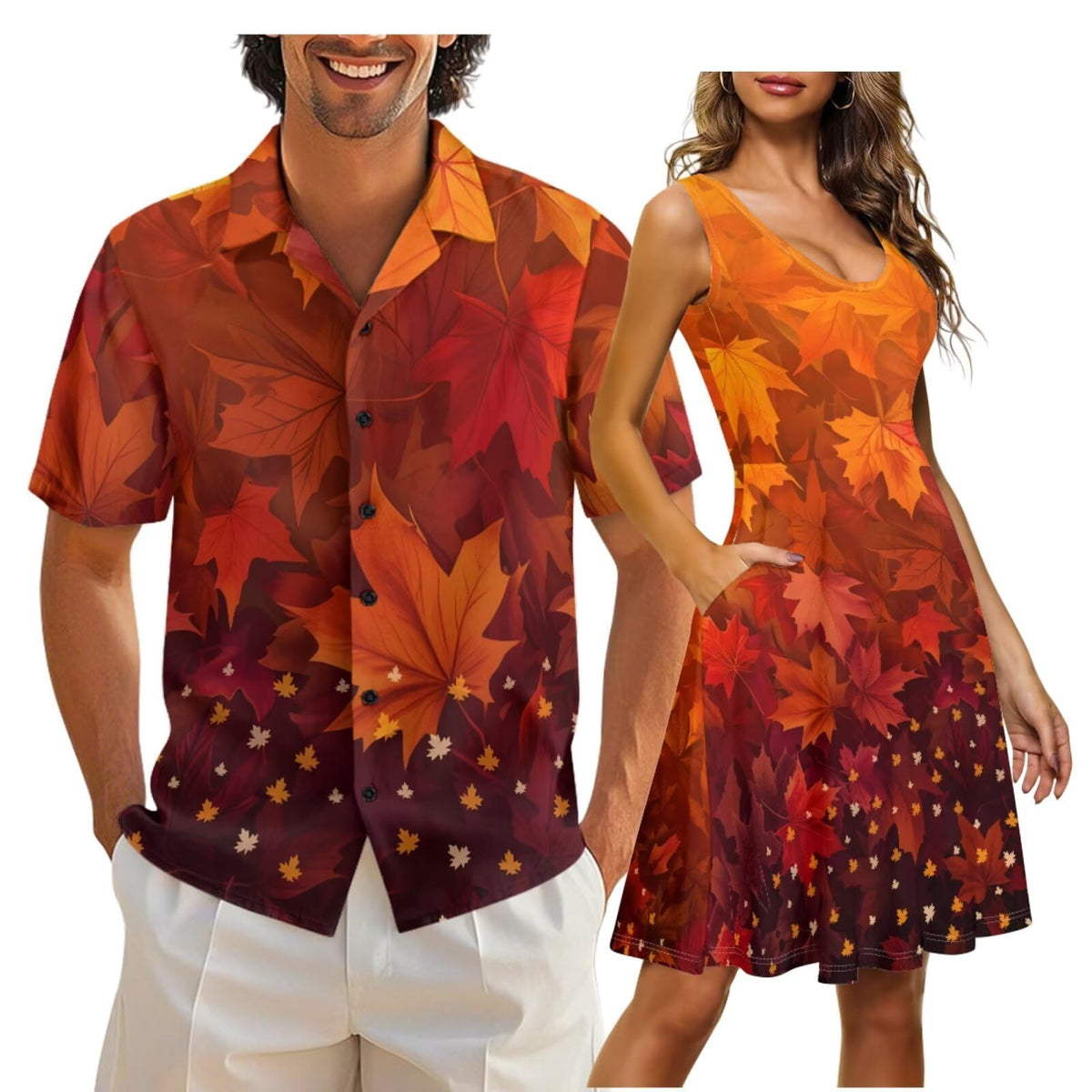 Cozeyat Matching Hawaiian Outfits for Couples Mens Button Up Polos Shirt and Women Sleeveless Sundress with Pockets