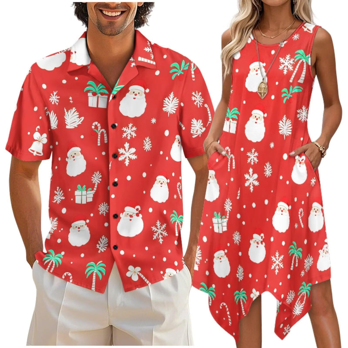 doginthehole Matching Hawaiian Outfits for Couples Men's Button Down Shirt Sleeveless Sundresses Summer Dress for Women
