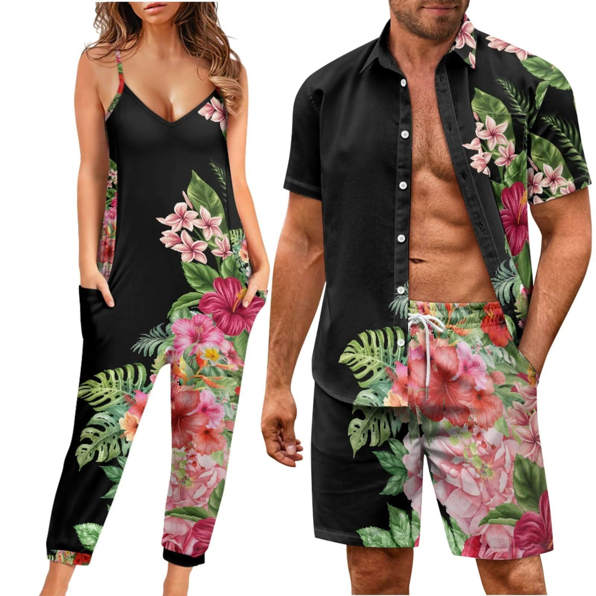 Matchable Couple Hawaiian Luau Men Shirt or Women V-Neck Jumpsuit