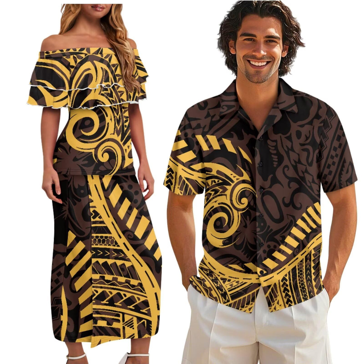 Polynesian Couples Matching Outfits Short Sleeve Puletsai Samoan Traditional Dress & Man Shirts