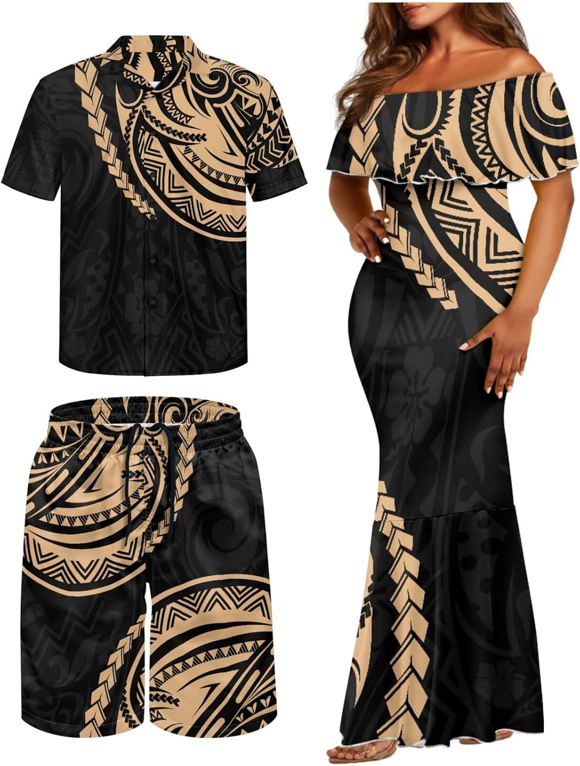 Matchable Couple Hawaiian Polynesian Puletasi Samoa Womens Dress with Mens Shirt and Mens Shorts Couple Set